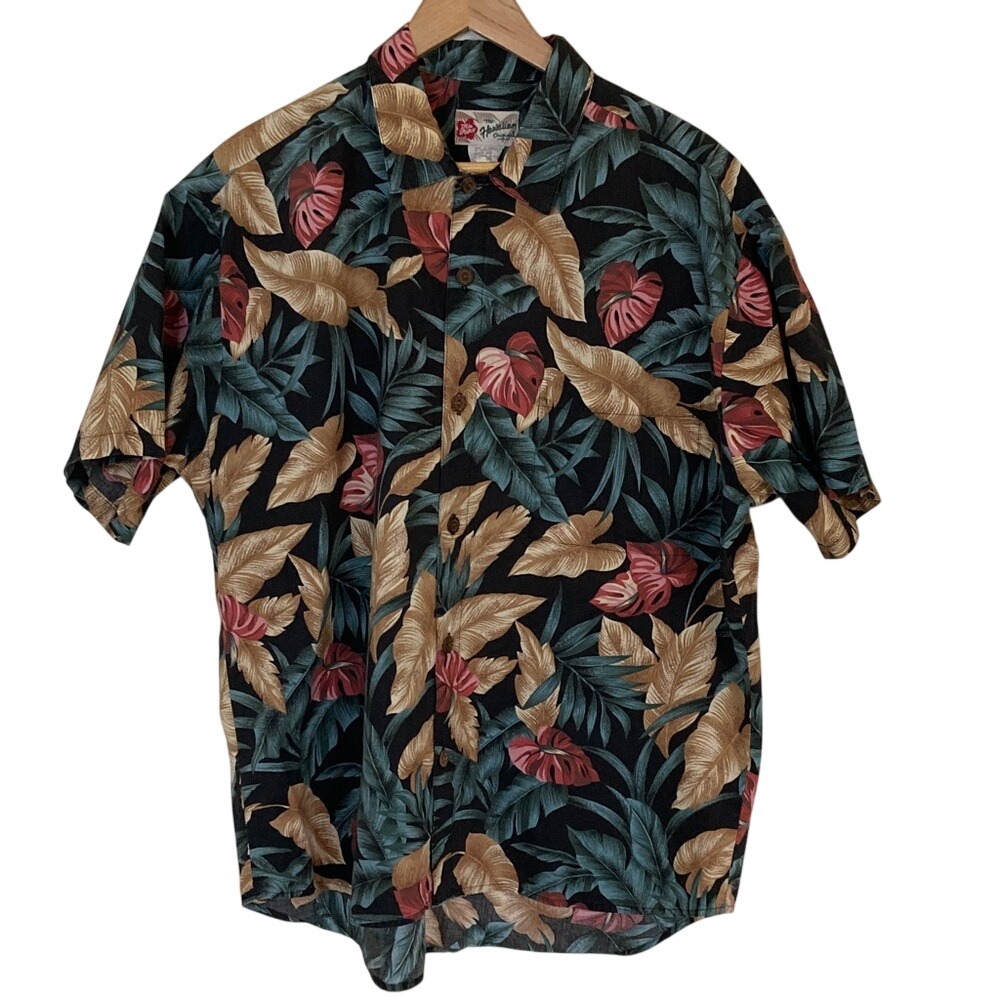 Hilo Hattie Mens Black Red Leaf Print Button‎ Up Short Sleeve Shirt Size XL